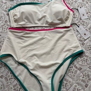 Shade & Shore Cream Bikini with Pink and Green Accents